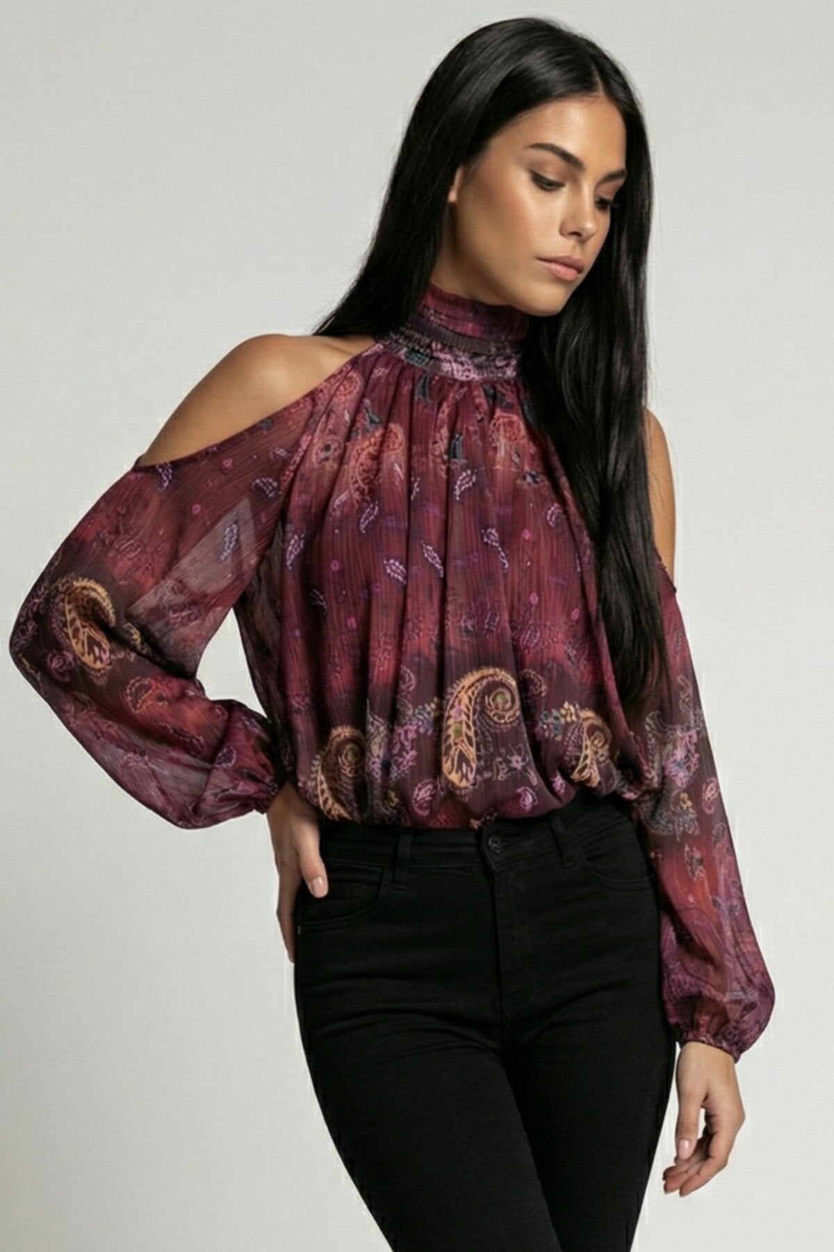 KADIN BALIKÇI YAKA BALON KOL OMUZU AÇIK ASTARLI ŞİFON BLUZ