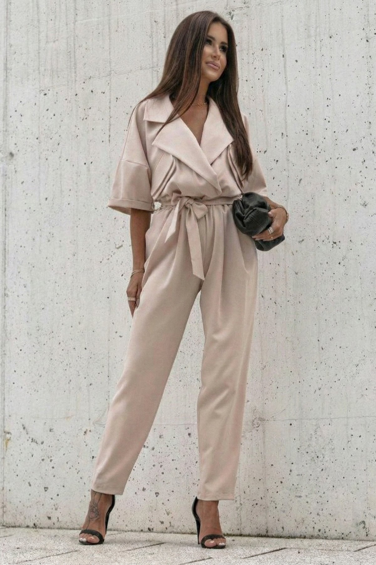 KADIN CEP DETAYLI KUŞAKLI GÖMLEK YAKA TULUM