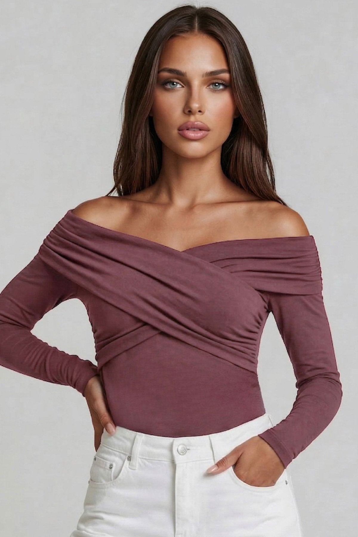 KADIN ÇAPRAZ YAKA DRAPE DETAYLI ESNEK KUMAŞ TASARIM BLUZ