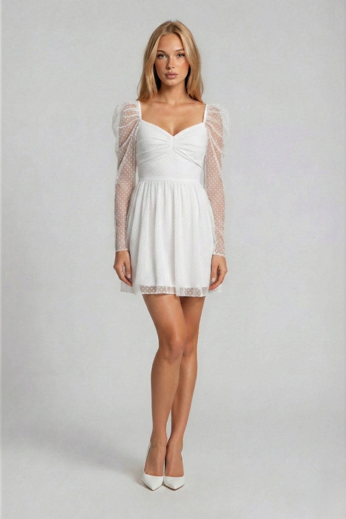 KADIN DRAPE DETAYLI PUANTİYE DESENLİ ETEĞİ KLOŞ ABİYE DÜĞÜN DAVET SÖZ BALO MEZUNİYET ELBİSESİ