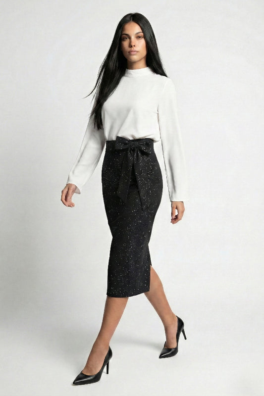 KADIN FİYONK DETAYLI SİMLİ KUMAŞ MİDİ BOY KALEM ABİYE ETEK