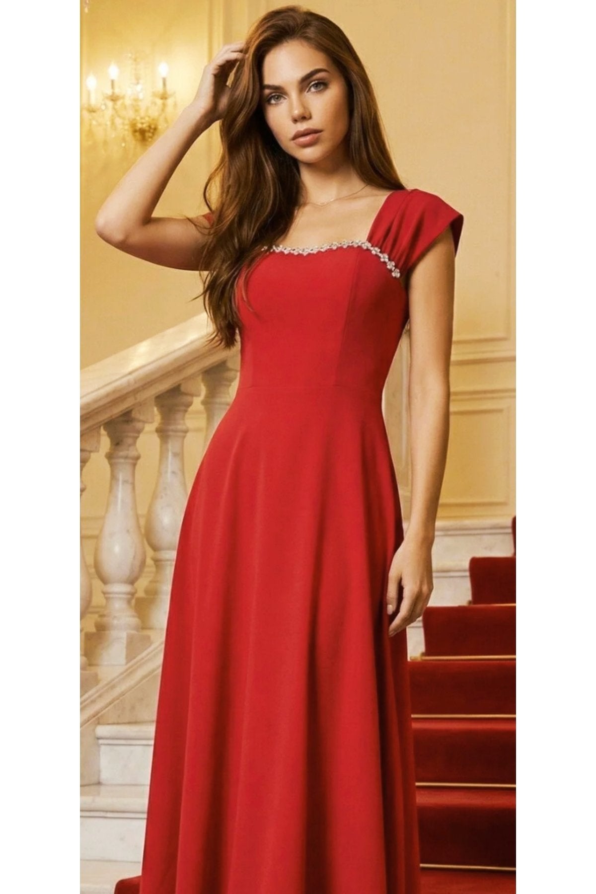 KADIN YAKASI TAŞ AKSESUAR DETAYLI ATLAS KUMAŞ UZUN BOY ETEĞİ KLOŞ ABİYE DÜĞÜN NİŞAN DAVET ELBİSESİ