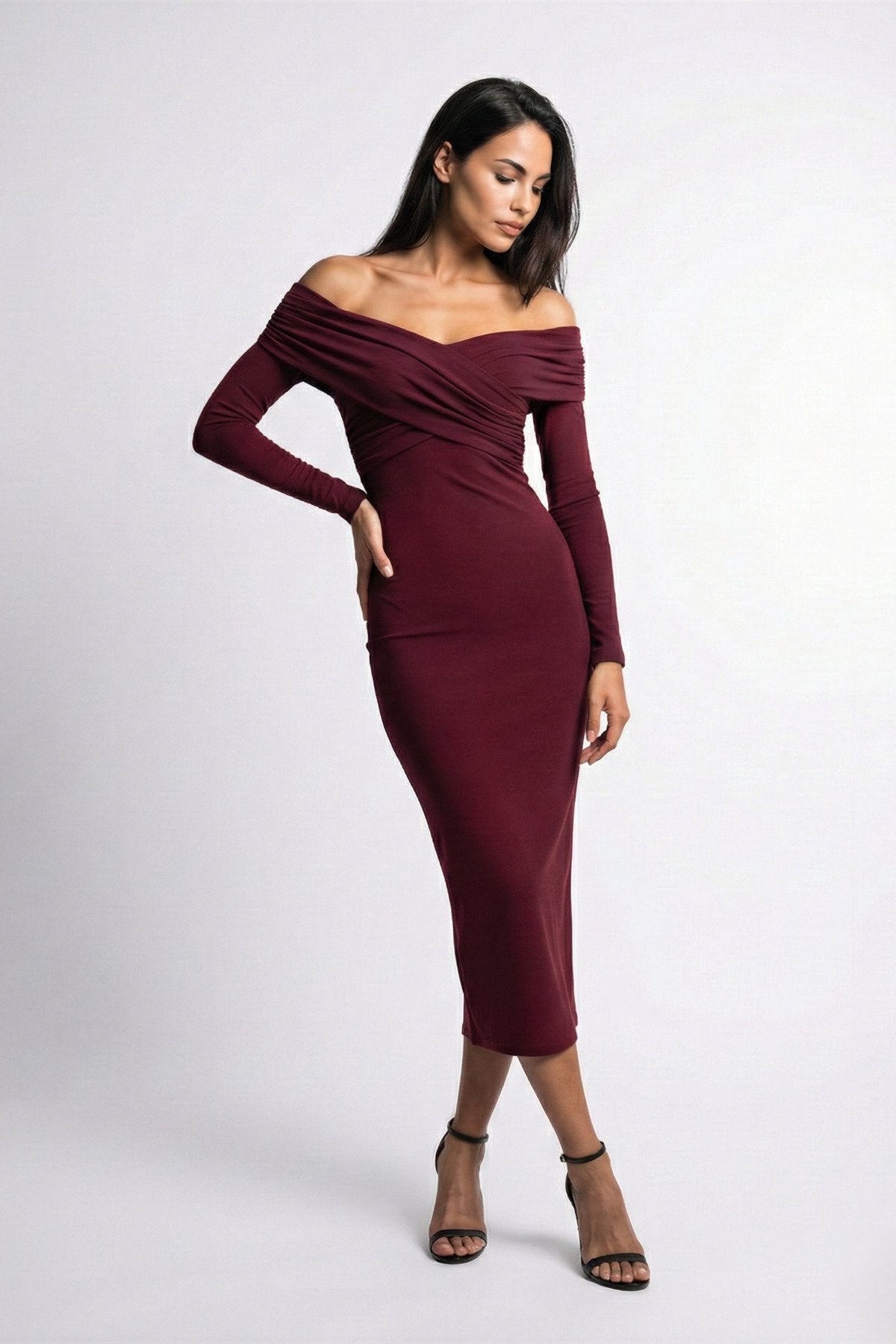 KADIN ÇAPRAZ YAKA DRAPE DETAYLI ESNEK KUMAŞ TASARIM ELBİSE