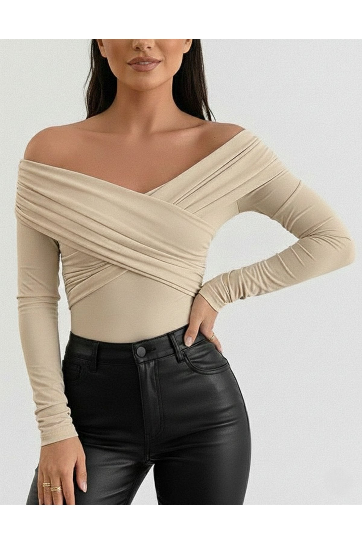 KADIN ÇAPRAZ YAKA DRAPE DETAYLI ESNEK KUMAŞ TASARIM BLUZ
