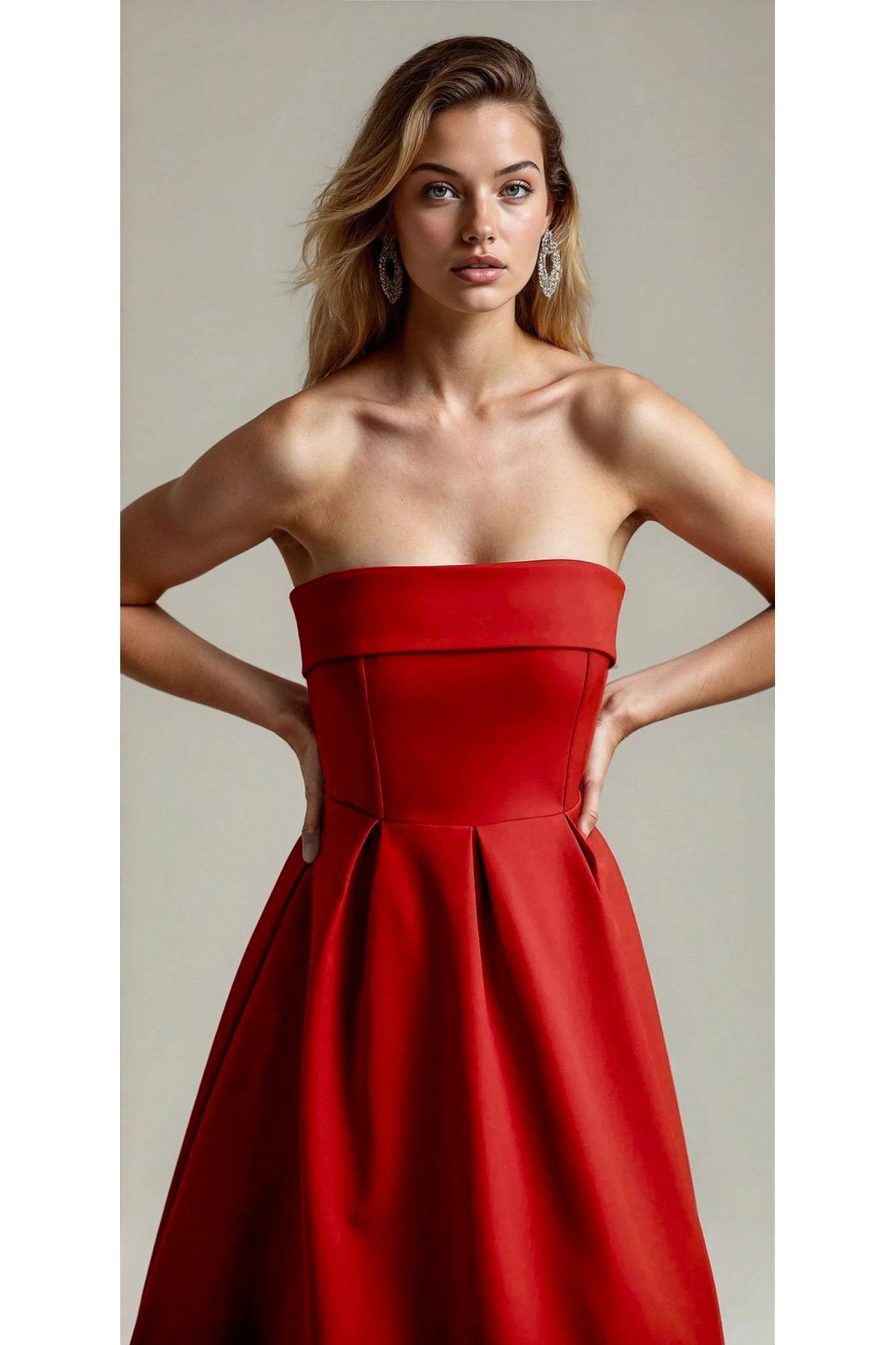 KADIN ATLAS KUMAŞ STRAPLEZ YAKA KLOŞ KESİM UZUN BOY DÜĞÜN NİŞAN DAVET ELBİSESİ