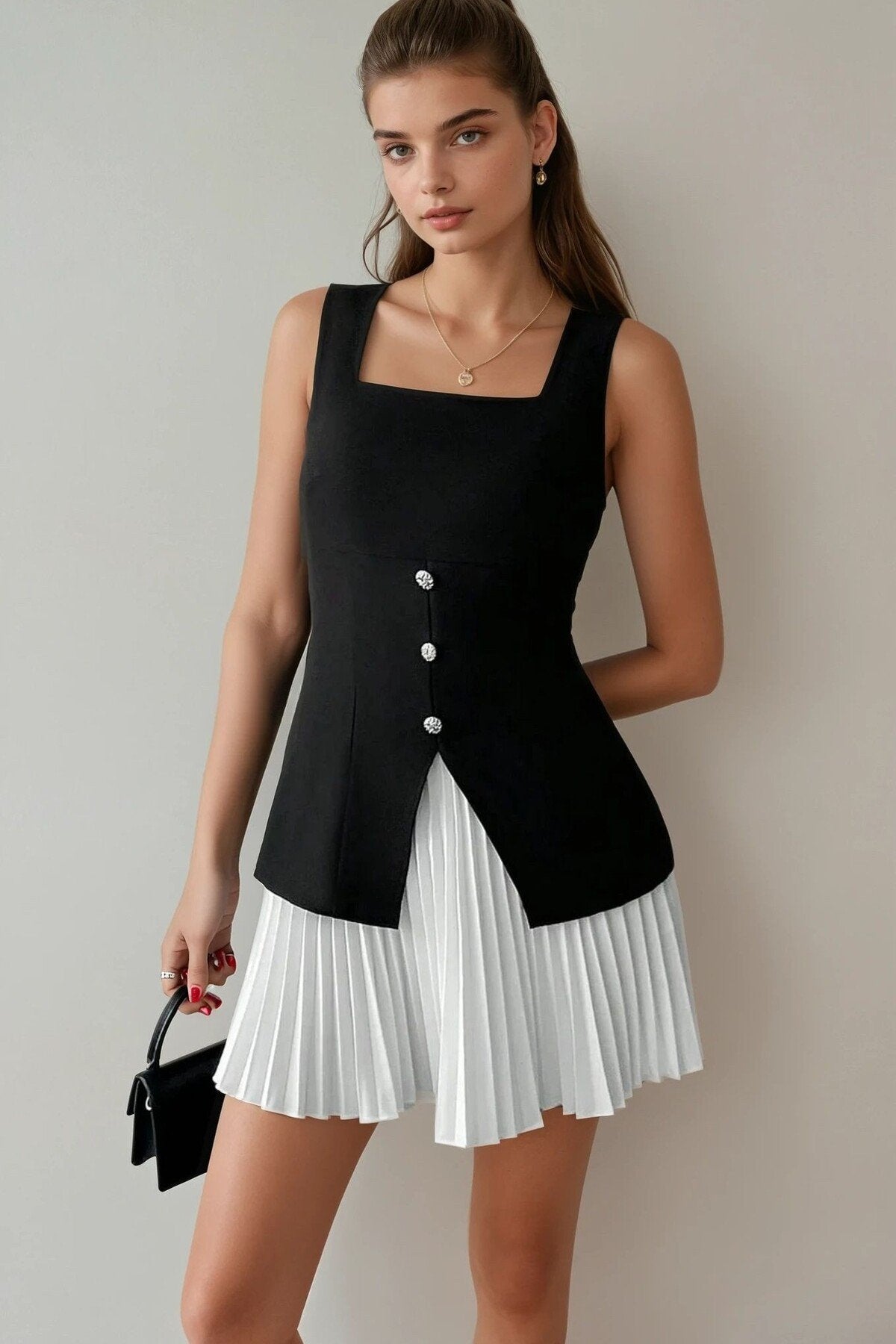 KADIN ETEĞİ PİLİSELİ DÜĞME DETAYLI KARE YAKA KOLSUZ ABİYE DÜĞÜN SÖZ DAVET MEZUNİYET BALO ELBİSESİ