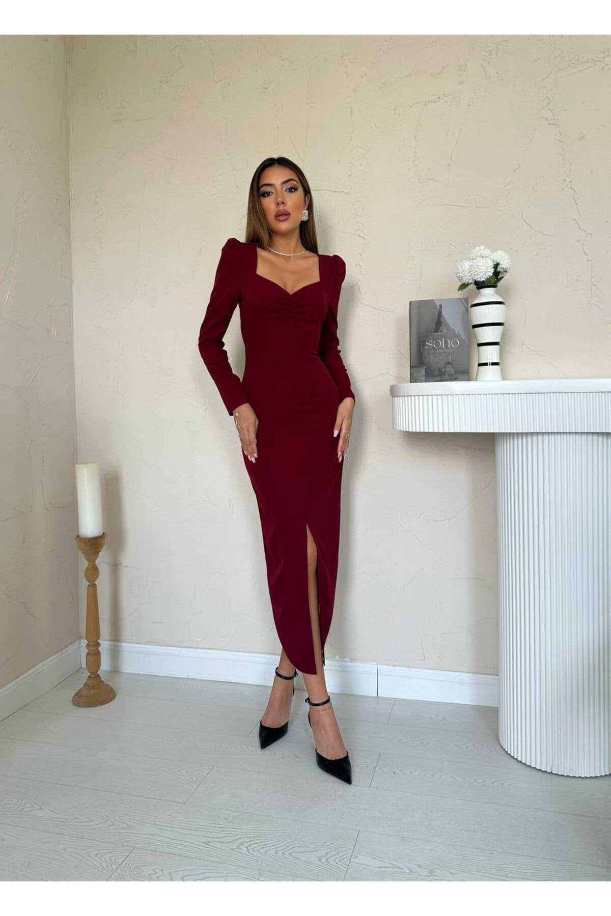 KADIN KALP YAKA ÖNÜ BÜZGÜLÜ PRENSES KOL YIRTMAÇ DETAYLI FİTTED KALIP ELBİSE