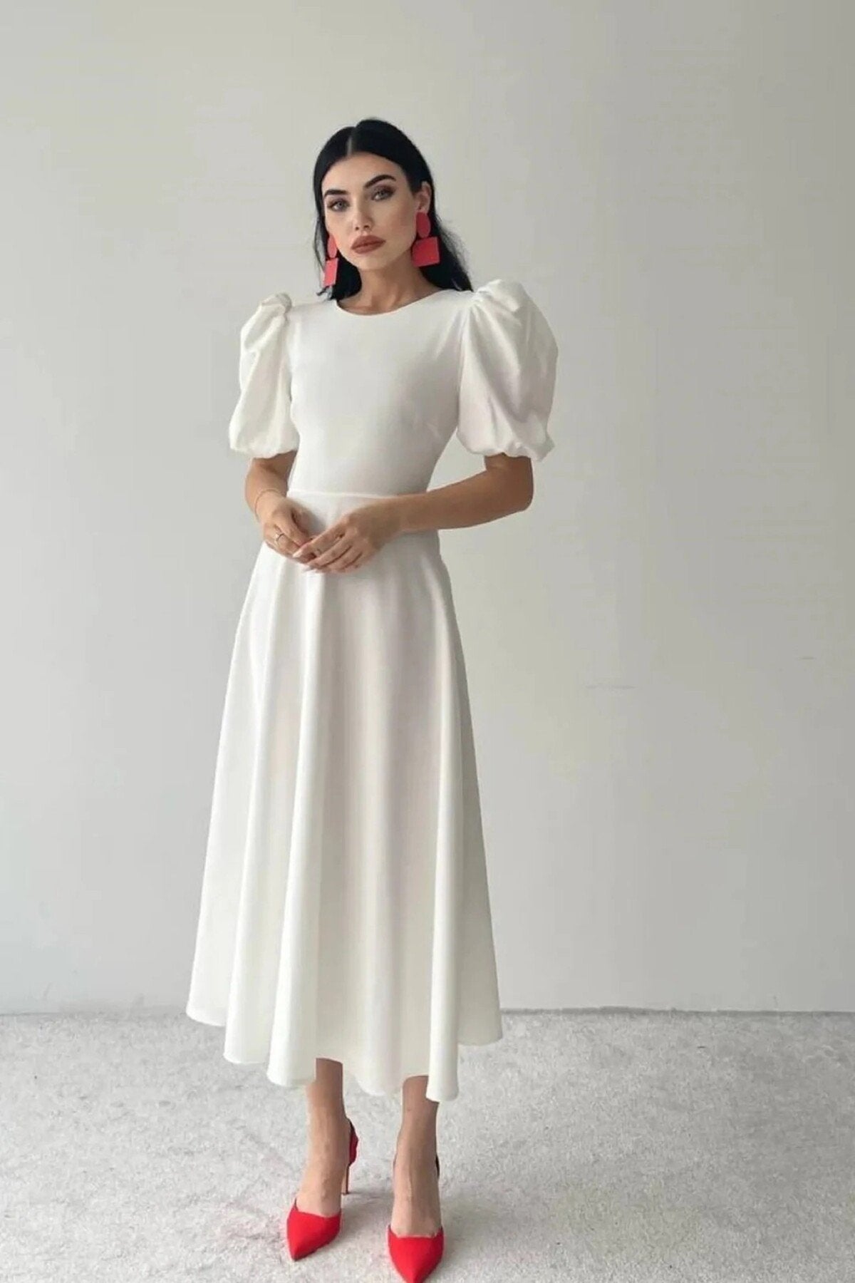 KADIN BALON KOL ETEĞİ KLOŞ MİDİ BOY ELBİSE