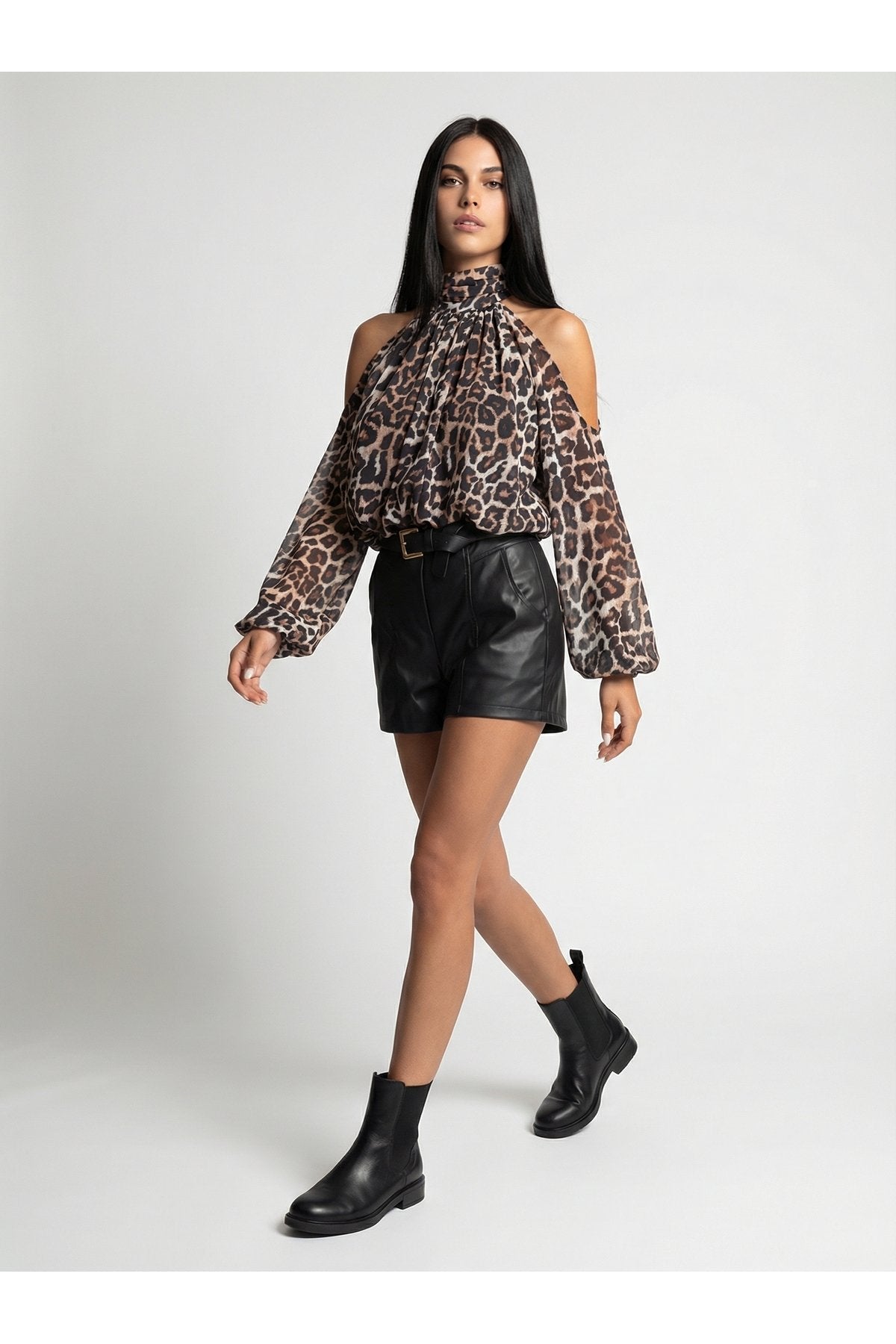 KADIN BALIKÇI YAKA BALON KOL OMUZU AÇIK ASTARLI ŞİFON BLUZ