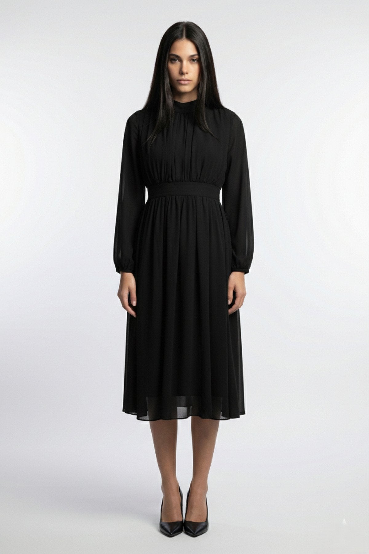 KADIN YARIM BALIKÇI YAKA BÜZGÜ DETAYLI ASTARLI MİDİ BOY ŞİFON ELBİSE