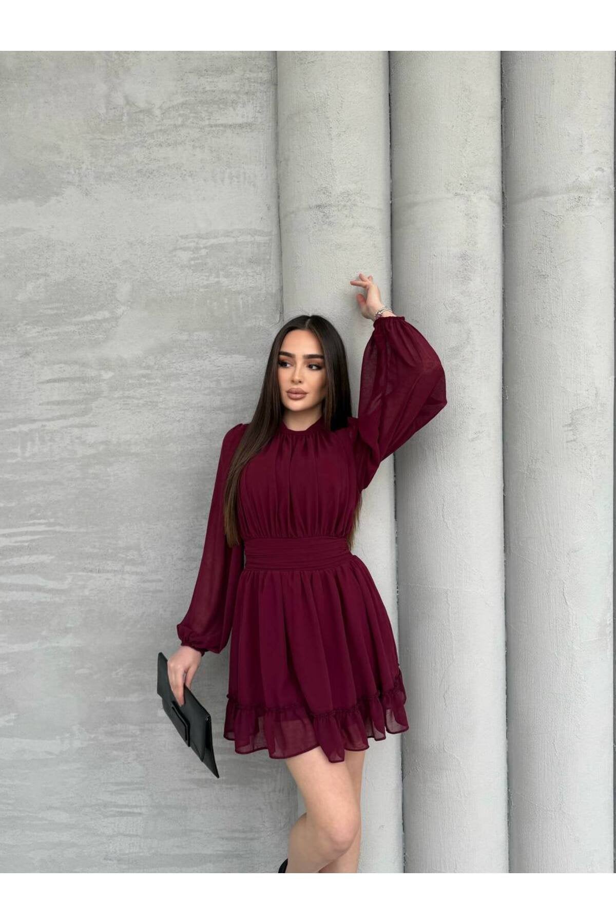 KADIN ETEĞİ FIRFIRLI BÜZGÜ DETAYLI BALON KOL ŞİFON ELBİSE