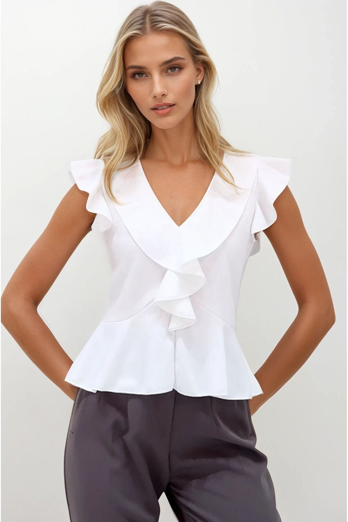 KADIN V YAKA VOLANLI ESNEK ÖRME KUMAŞ BLUZ