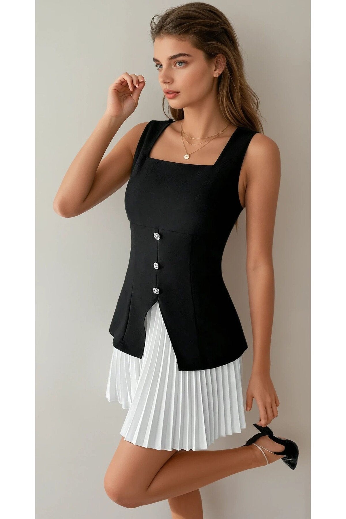 KADIN ETEĞİ PİLİSELİ DÜĞME DETAYLI KARE YAKA KOLSUZ ABİYE DÜĞÜN SÖZ DAVET MEZUNİYET BALO ELBİSESİ