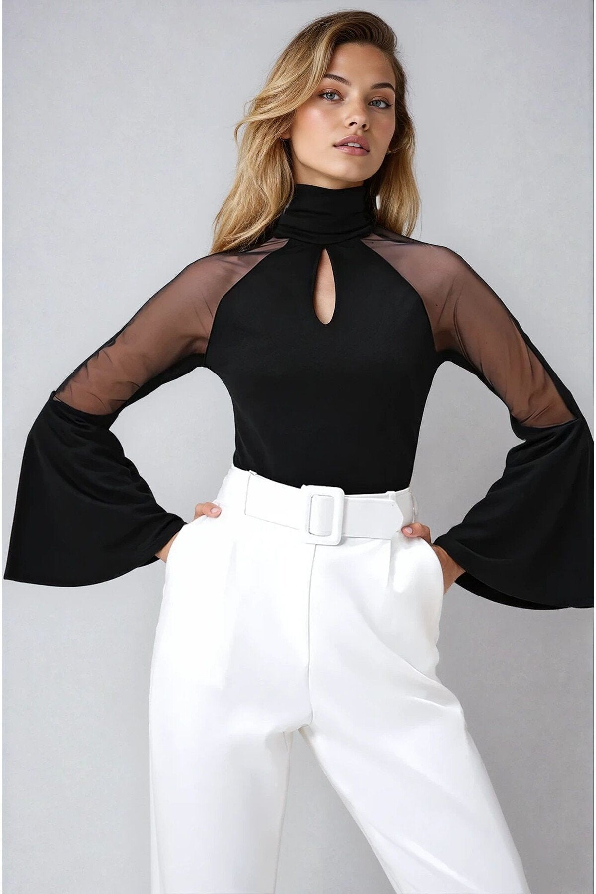 KADIN CUT OUT DETAYLI İSPANYOL KOL TÜL GARNİLİ BALIKÇI YAKA ESNEK KUMAŞ BLUZ