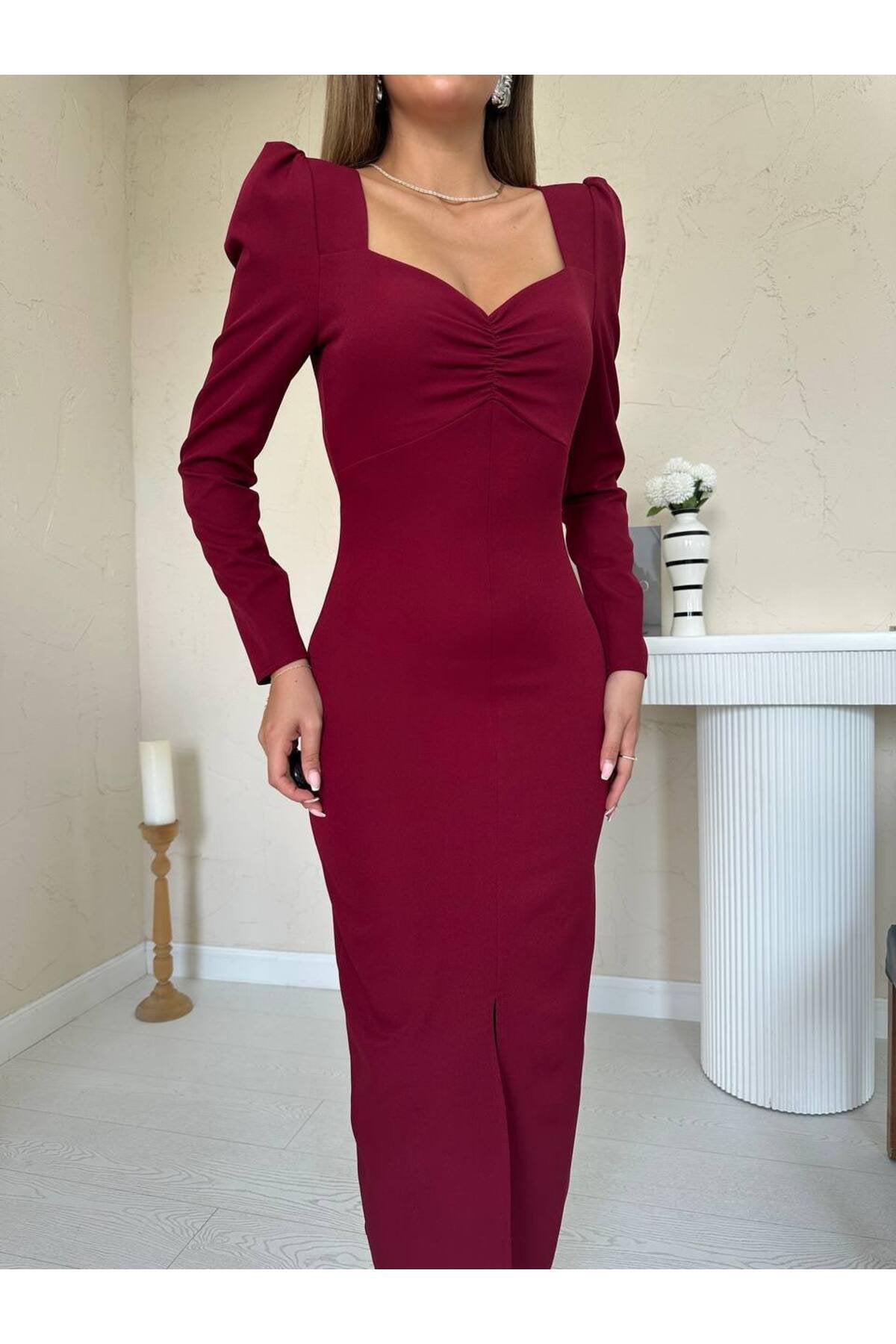 KADIN KALP YAKA ÖNÜ BÜZGÜLÜ PRENSES KOL YIRTMAÇ DETAYLI FİTTED KALIP ELBİSE