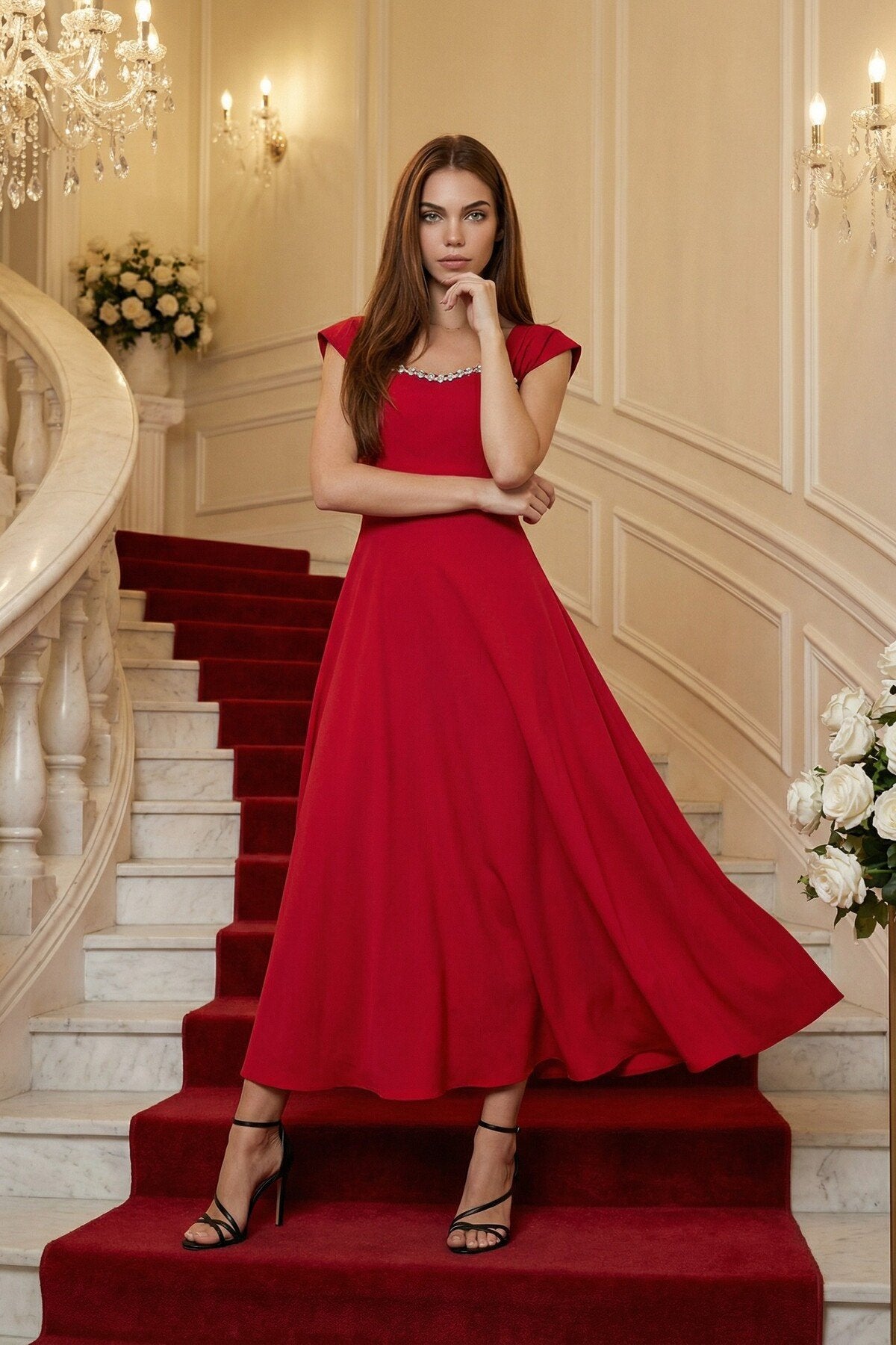 KADIN YAKASI TAŞ AKSESUAR DETAYLI ATLAS KUMAŞ UZUN BOY ETEĞİ KLOŞ ABİYE DÜĞÜN NİŞAN DAVET ELBİSESİ