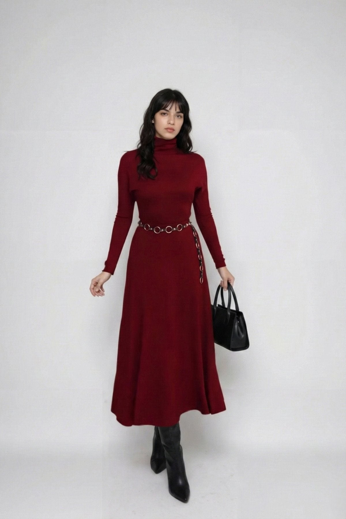 KADIN ESNEK TRİKO KUMAŞ DİK YAKA UZUN KOLLU KLOŞ ELBİSE