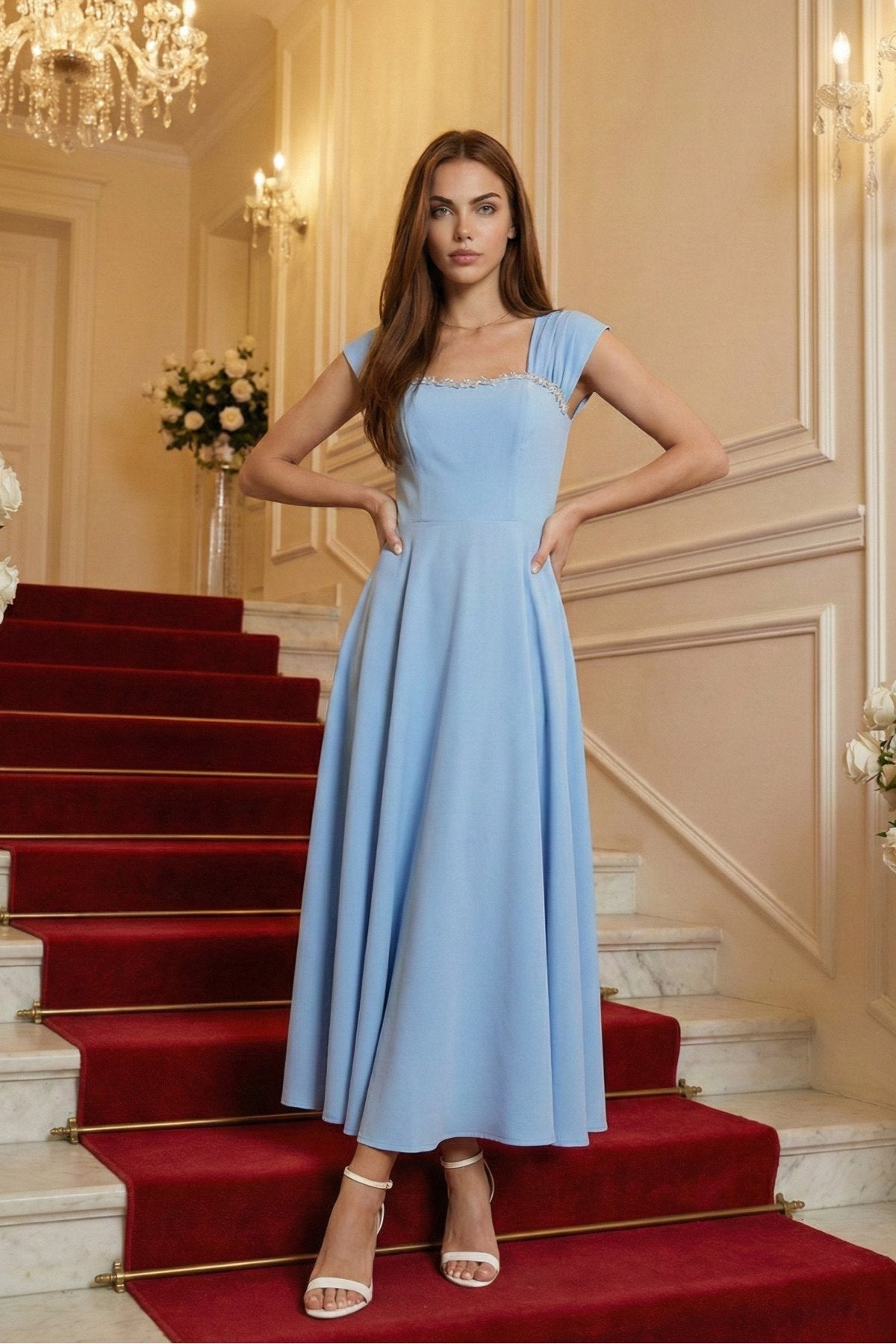 KADIN YAKASI TAŞ AKSESUAR DETAYLI ATLAS KUMAŞ UZUN BOY ETEĞİ KLOŞ ABİYE DÜĞÜN NİŞAN DAVET ELBİSESİ