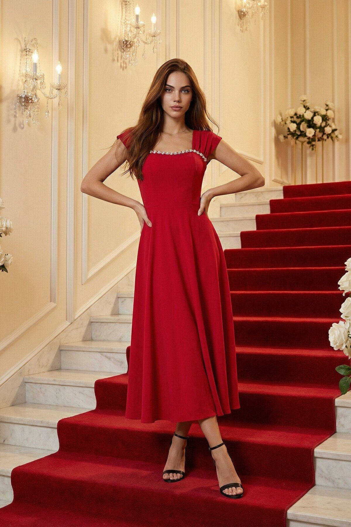 KADIN YAKASI TAŞ AKSESUAR DETAYLI ATLAS KUMAŞ UZUN BOY ETEĞİ KLOŞ ABİYE DÜĞÜN NİŞAN DAVET ELBİSESİ