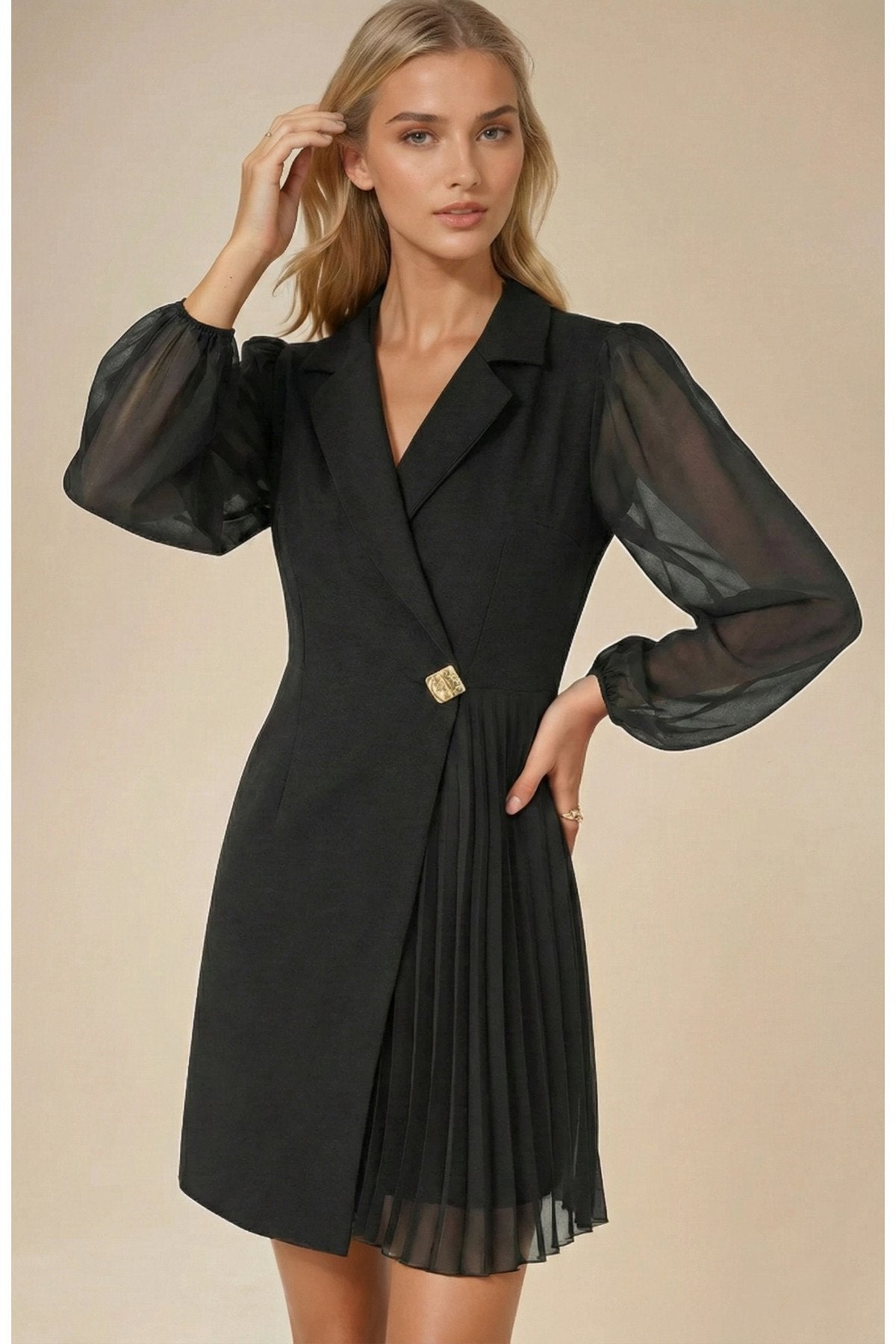 KADIN ETEĞİ PİLİSELİ KRUVAZE YAKA KOLLARI ŞİFON DAVET DÜĞÜN BALO MEZUNİYET İÇİN ABİYE CEKET ELBİSE