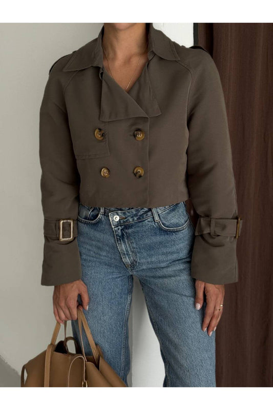 KADIN ASTARLI KRUVAZE KESİM DÜĞMELİ MİNİ TRENÇKOT